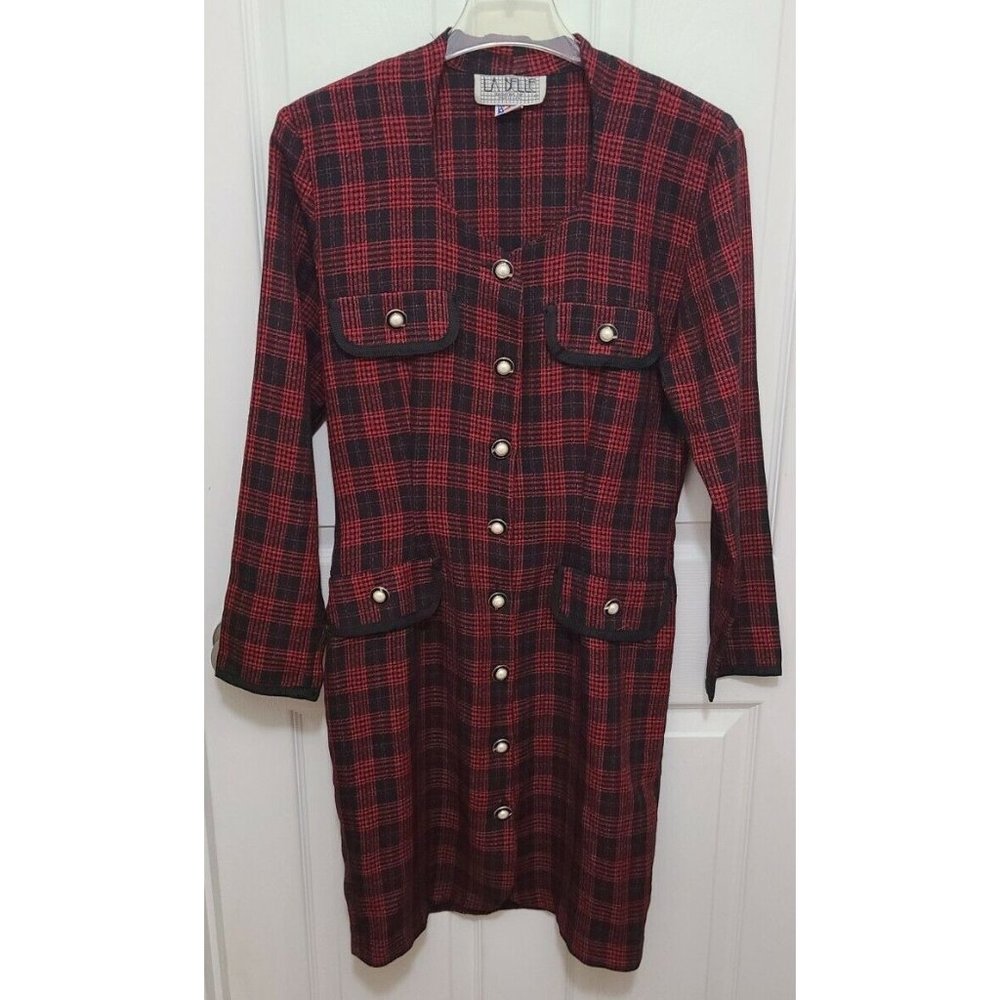 Vtg 90s La Belle Women's Long Sleeve Button Front Dress Red Plaid Secretary Sz L